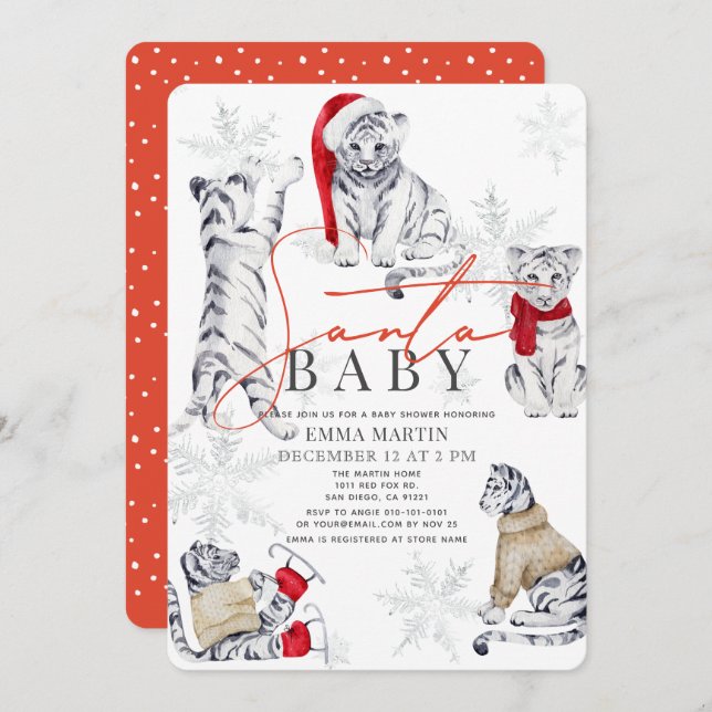 Santa Baby White Tiger Snowflakes Baby Dusche Einladung (Vorne/Hinten)