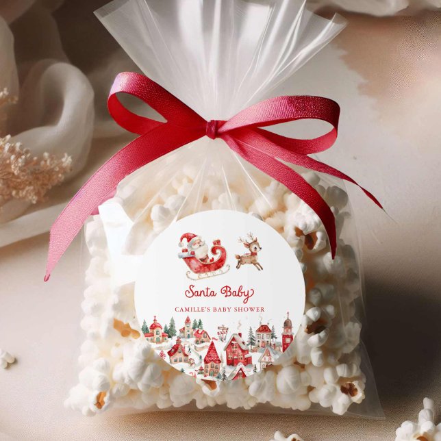 Santa Baby Winter Wonderland Baby Dusche Runder Aufkleber (Santa Baby Christmas Baby shower round sticker)