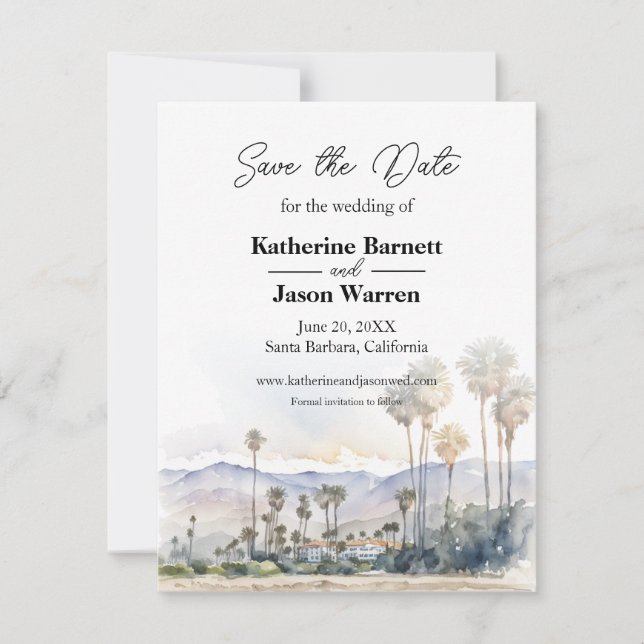 Santa Barbara Beach Wasserfarbe Save the Date Einladung (Vorderseite)