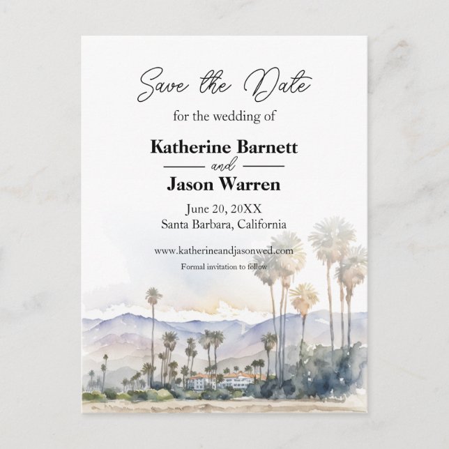 Santa Barbara Beach Wasserfarbe Save the Date Postkarte (Vorderseite)
