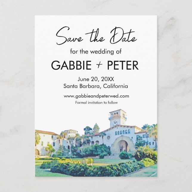 Santa Barbara Courthouse Wasserfarbe Save the Date Postkarte (Vorderseite)