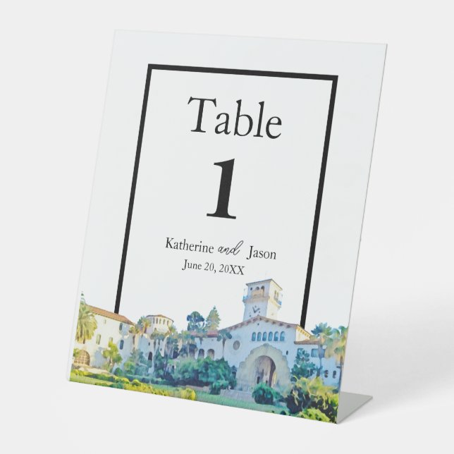 Santa Barbara Courthouse Watercolor Hochzeitsnumme Sockelschild (Vorderseite)