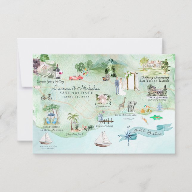 Santa Barbara | Hochzeit in Urlaubsort Fahrplan Einladung (Vorderseite)