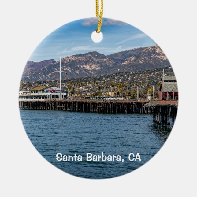 Santa Barbara, Stearns Wharf & Brown Pelican Keramik Ornament (Vorne)