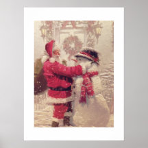 Santa baut einen Schneemann im Vintage-Stil