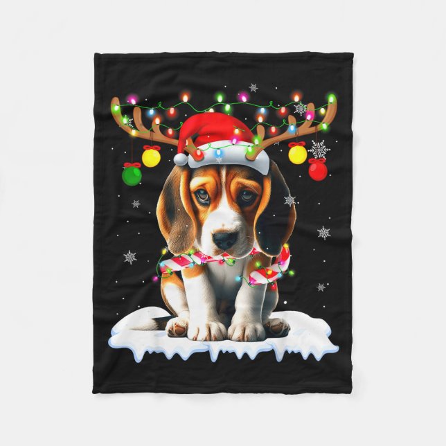 Santa Beagle Christmas Lights Funny Reindeer Dog X Fleecedecke (Vorderseite)