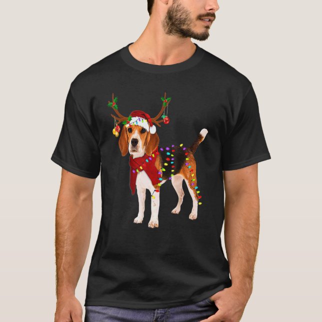 Santa Beagle Reindeer Light Weihnachten 2 T-Shirt (Vorderseite)