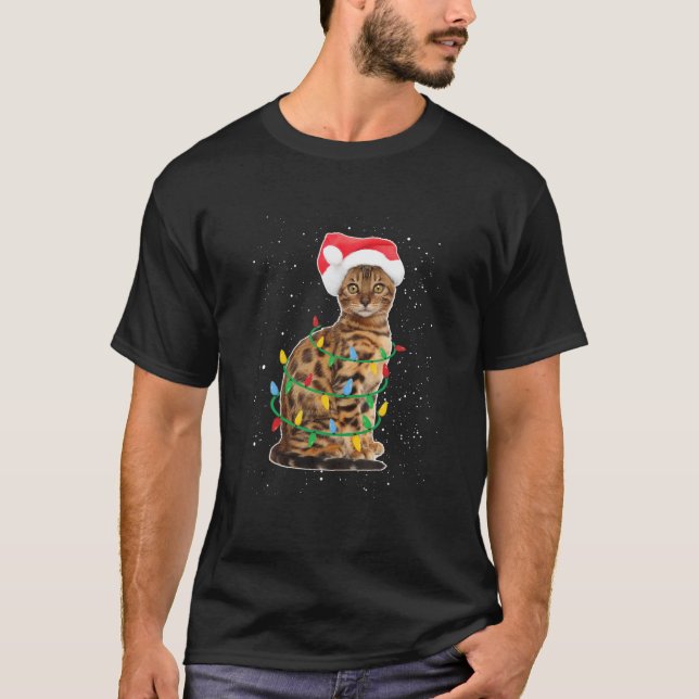 Santa Bengalische Katze mit Weihnachtslicht Gesche T-Shirt (Vorderseite)