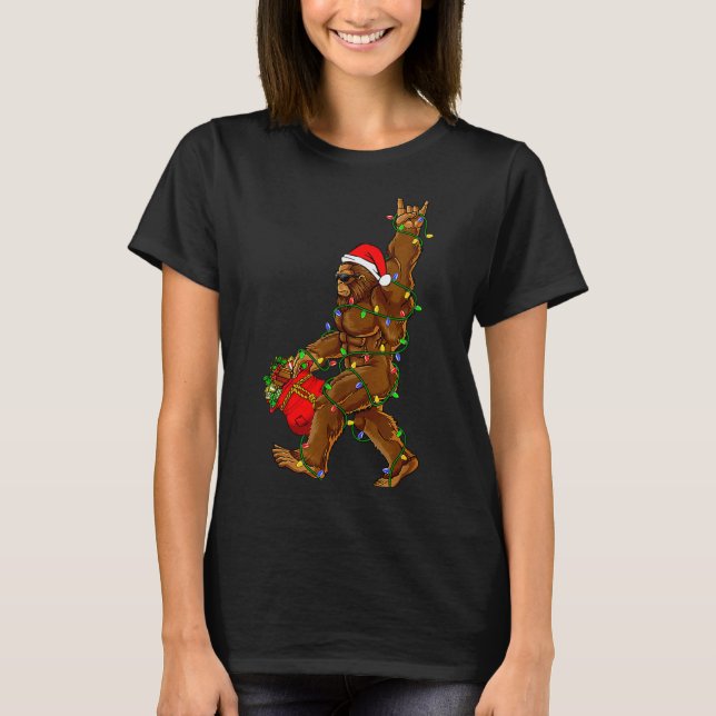 Santa Bigfoot Christmas Lights Funny Sasquatch Bel T-Shirt (Vorderseite)