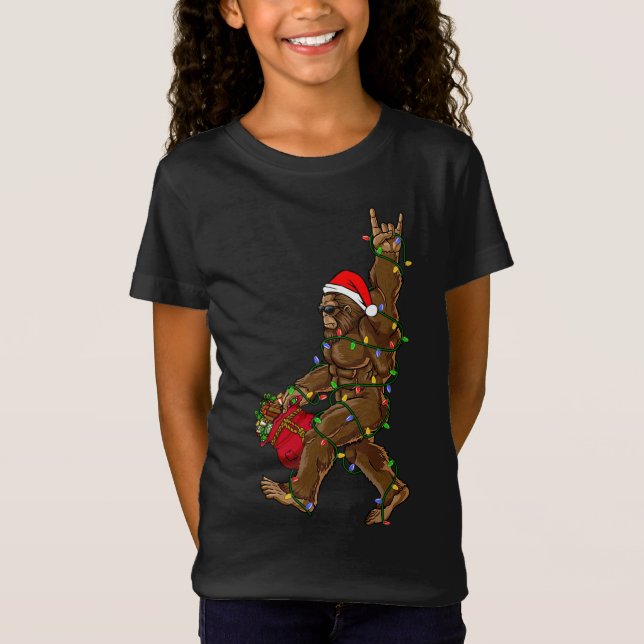 Santa Bigfoot Christmas Lights Rock Funny Sasquatc T-Shirt (Vorderseite)