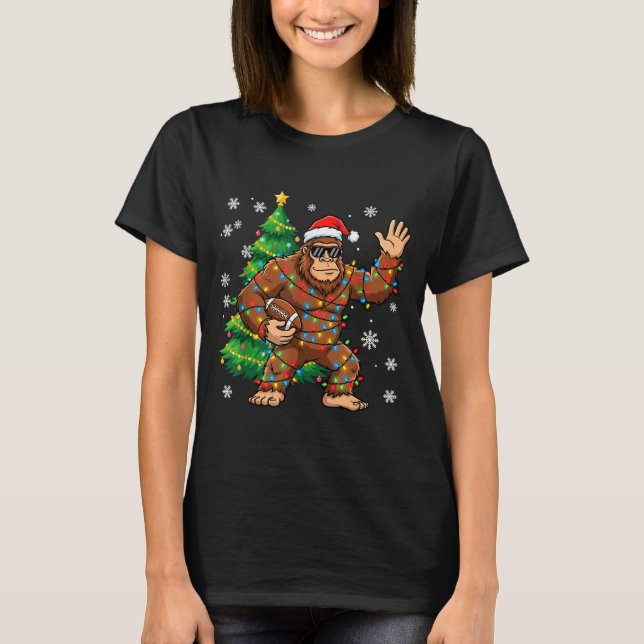 Santa Bigfoot Christmas Tree Funny Football Sasqua T-Shirt (Vorderseite)
