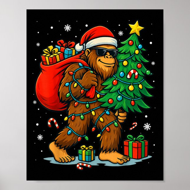 Santa Bigfoot Christmas Tree Lights Xmas Boys Men  Poster (Vorne)