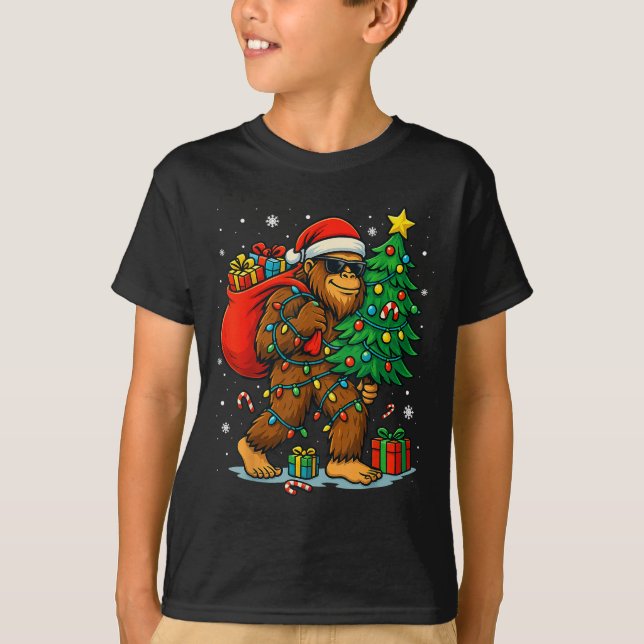 Santa Bigfoot Christmas Tree Lights Xmas Boys Men  T-Shirt (Vorderseite)