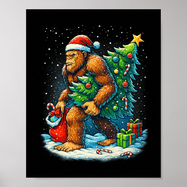 Santa Bigfoot Christmas Tree Sasquatch Xmas Lights Poster (Vorne)