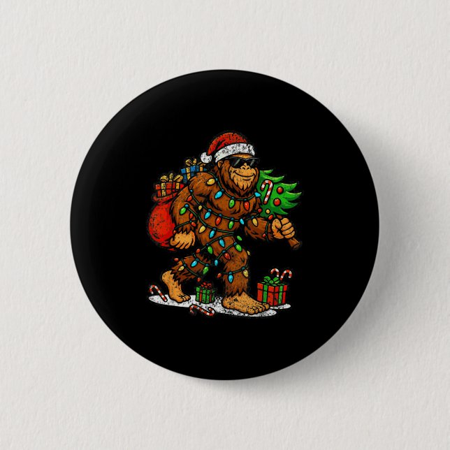 Santa Bigfoot Christmas Tree Xmas Lights Funny Sas Button (Vorderseite)