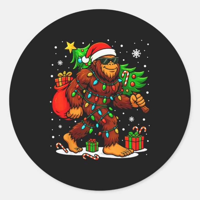 Santa Bigfoot Christmas Tree Xmas Lights Funny Sas Runder Aufkleber (Vorderseite)