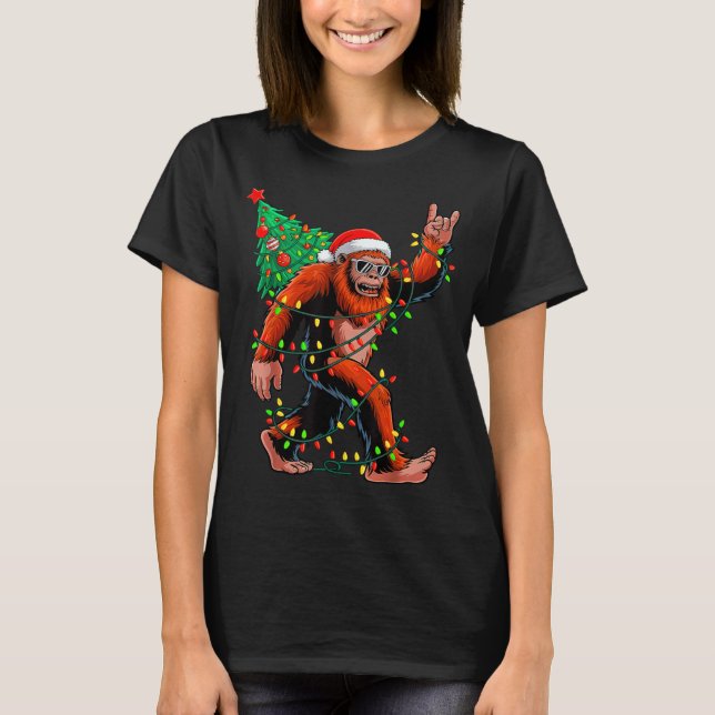 Santa Bigfoot Christmas Tree Xmas Lights Sasquatch T-Shirt (Vorderseite)