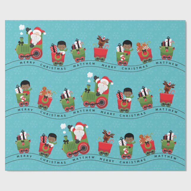 Santa & Black Boy auf Zug Geschenkpapier (Flach)