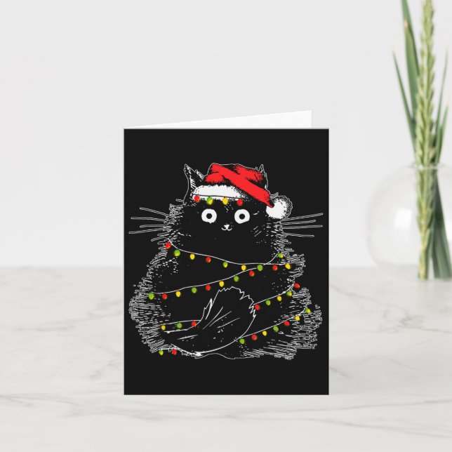 Santa Black Cat hallte in Weihnachtsbaumlicht auf Karte (Vorderseite)