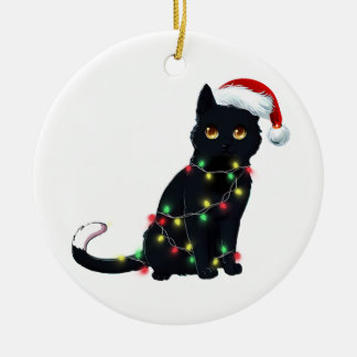 Santa Black Cat hallte in Weihnachtsbaumlicht auf Keramik Ornament