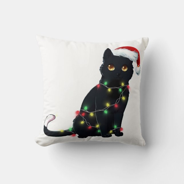Santa Black Cat hallte in Weihnachtsbaumlicht auf Kissen (Vorderseite)