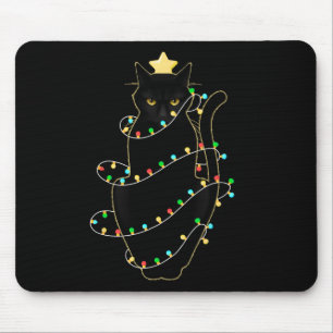 Santa Black Cat hallte in Weihnachtsbaumlicht auf Mousepad