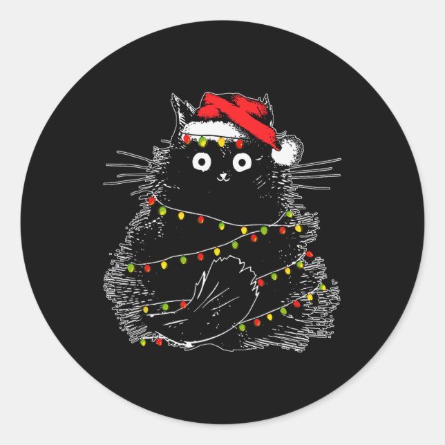 Santa Black Cat hallte in Weihnachtsbaumlicht auf Runder Aufkleber (Vorderseite)
