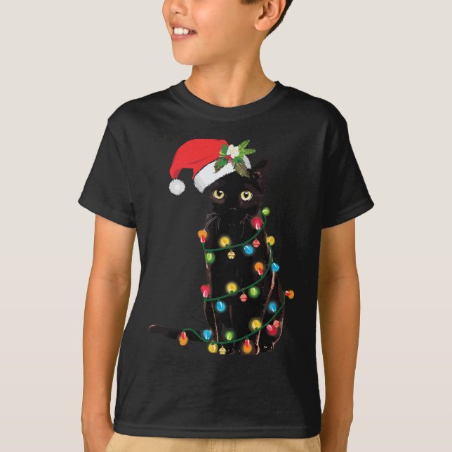 Santa Black Cat hallte in Weihnachtsbaumlicht auf T-Shirt (Vorderseite)