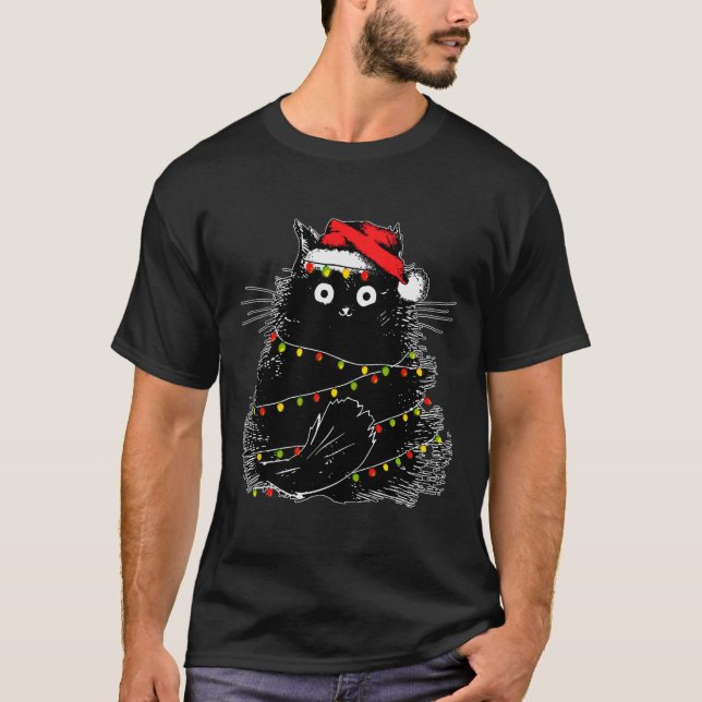Santa Black Cat hallte in Weihnachtsbaumlicht auf T-Shirt (Vorderseite)