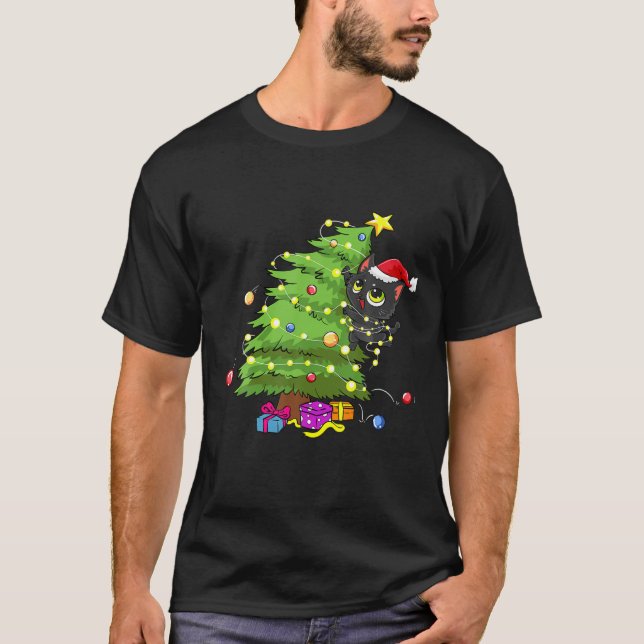 Santa Black Cat hallte in Weihnachtsbaumlicht auf T-Shirt (Vorderseite)