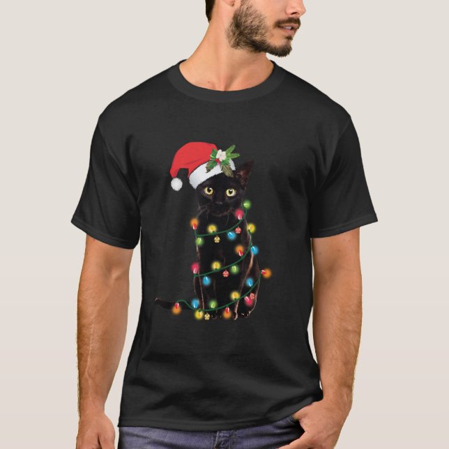 Santa Black Cat hallte in Weihnachtsbaumlicht auf T-Shirt (Vorderseite)