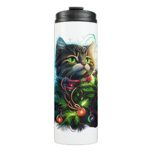 Santa Black Cat hallte in Weihnachtsbaumlicht auf Thermosbecher
