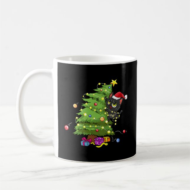 Santa Black Cat in Baumlichten verschlungen Kaffeetasse (Links)