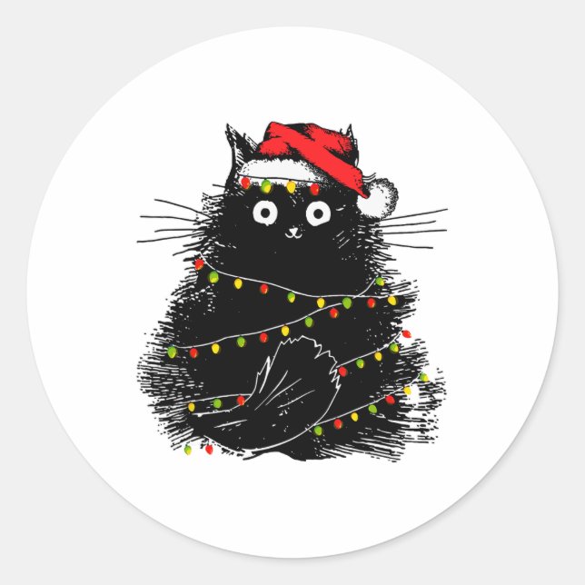 Santa Black Cat in Weihnachtsbaumlicht Runder Aufkleber (Vorderseite)