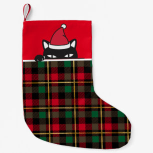 Santa Black Cat Peeking Buffalo Kariert Funny Kleiner Weihnachtsstrumpf