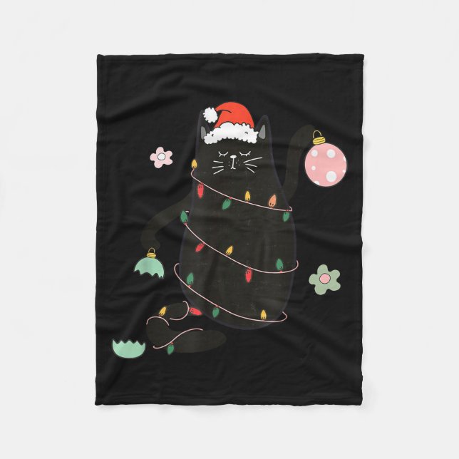 Santa Black Cat Tangled Up In Christmas Tree Light Fleecedecke (Vorderseite)