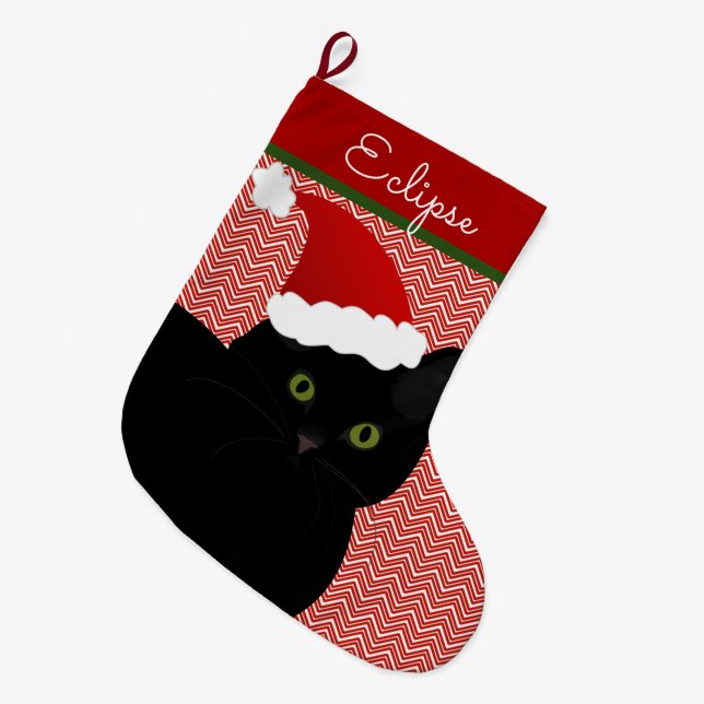 Santa Black Kurz Hair Katzengrün Augen Personalisi Großer Weihnachtsstrumpf (Vorderansicht (hängend))