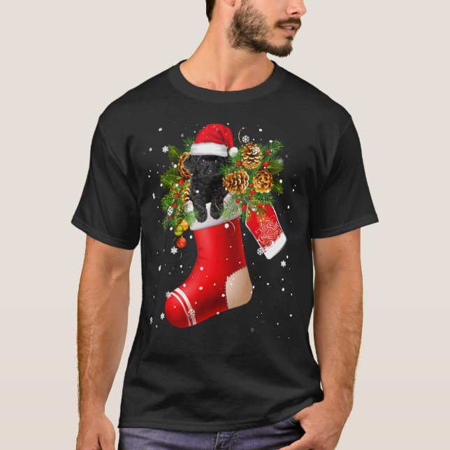 Santa Black Toy Poodle in Christmas Sock Pajama T-Shirt (Vorderseite)
