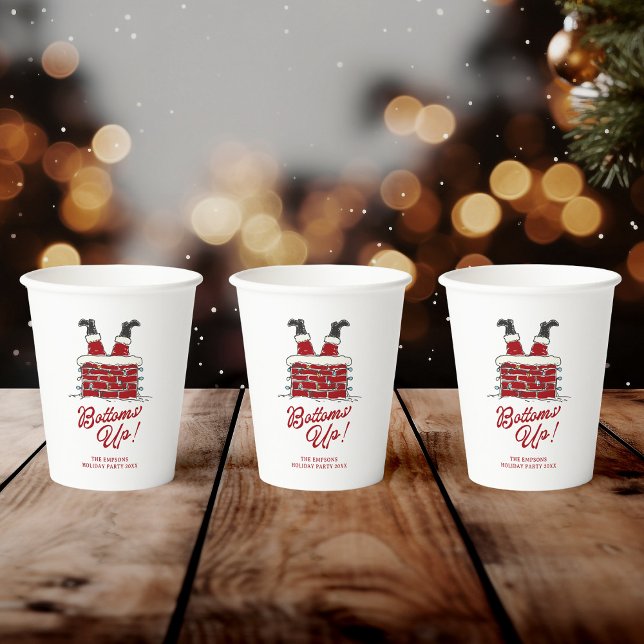 Santa Bottoms Up Funny Christmas Party Drinkware Pappbecher (Paper party cup with Santa upside-down in a brick chimney, "Bottoms Up" in red script)