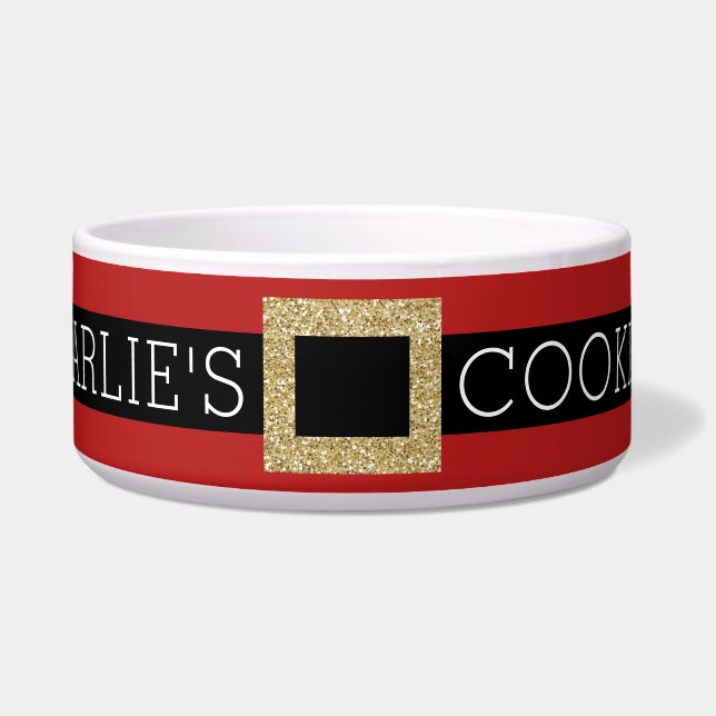 Santa Buckle Personalisierter Glitzer Name Katze o Napf (Vorderseite)