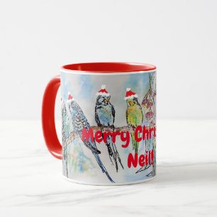 Santa Budgie Frohe Weihnachten Name Tasse Rot