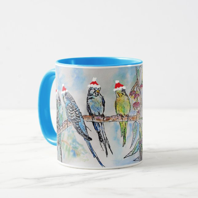 Santa Budgie Weihnachts-Tasse Blue Tasse (Vorderseite Links)