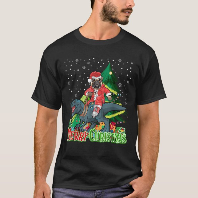 Santa Bulldog Riding Dinosaur T rex Christmas Xmas T-Shirt (Vorderseite)