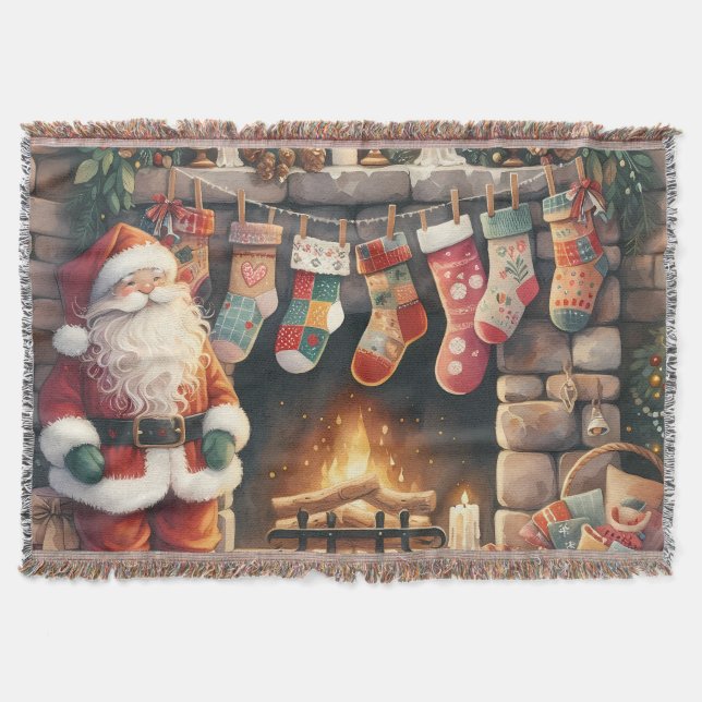 Santa by Fireplace Christmas Stockings Decke (Vorderseite)