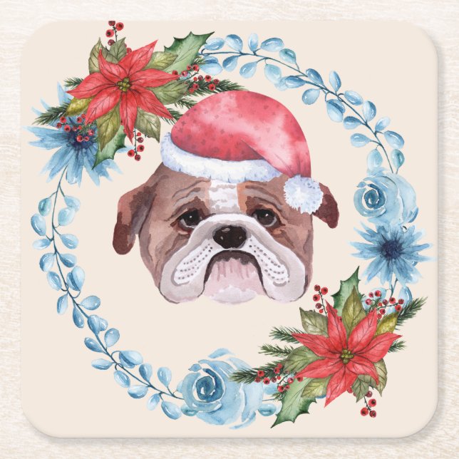 Santa Cap Bulldog Holiday Rechteckiger Pappuntersetzer (Vorderseite)