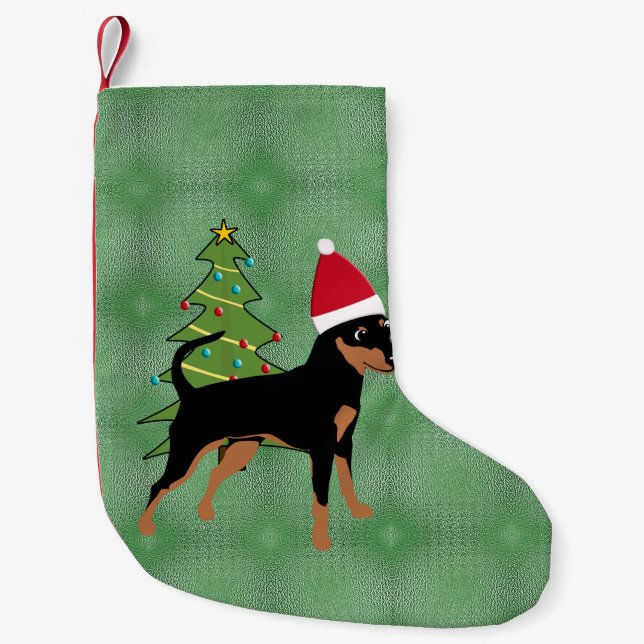 Santa Cartoon Black und Tan Miniatur Pinscher Kleiner Weihnachtsstrumpf (Vorderseite)