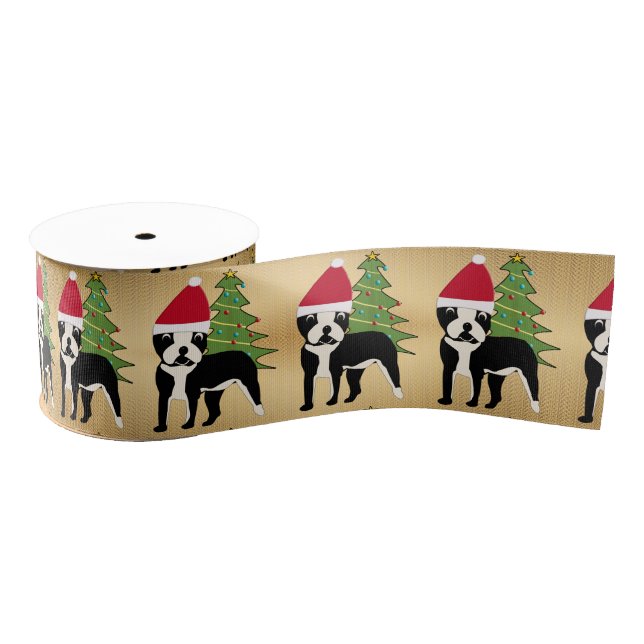 Santa Cartoon Boston Terrier Ripsband (Spule)