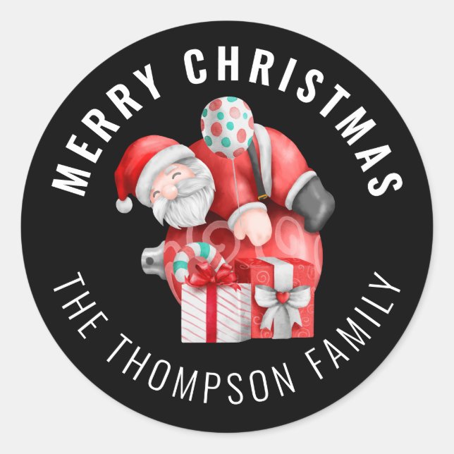 Santa Cartoon Name Frohe Weihnachten Schwarz Runder Aufkleber (Vorderseite)