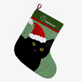 Santa Cat Black mit gelben Augen Personalisiert Großer Weihnachtsstrumpf