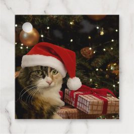 Santa Cat by the Christmas Tree Gift Tag Geschenkanhänger